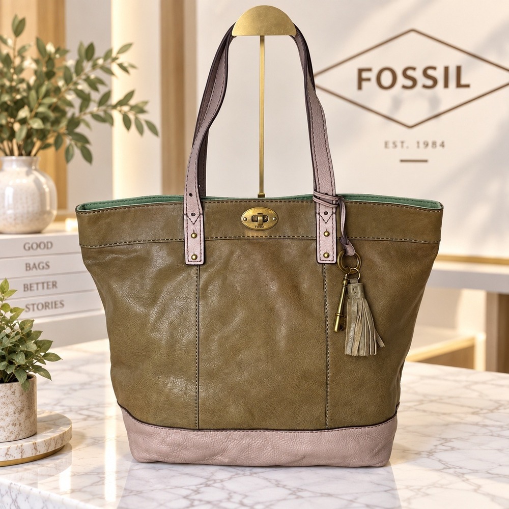 Fossil Olive Green and Mauve Leather Tote Bag Brass Hardware